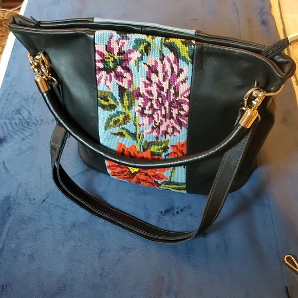 Handbags - Floral Needlepoint And Black Leather Tote Bag